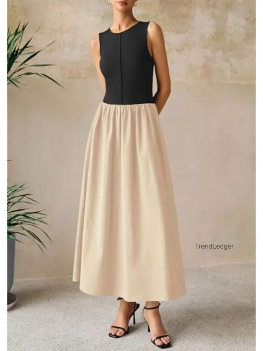 Pleated Maxi Dress with Pockets Sleeveless A-Line Knit Summer